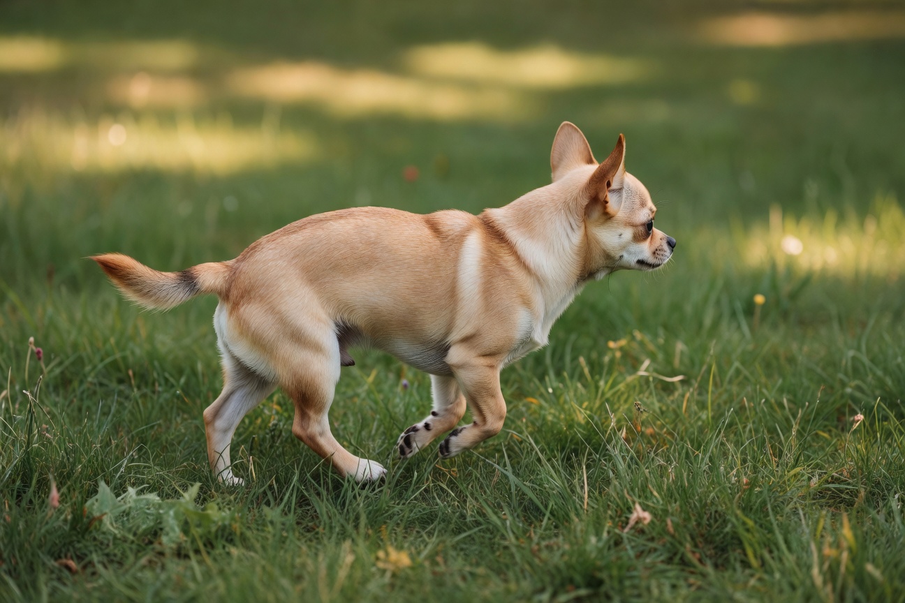 Chihuahua walking on grass, side profile showing back-leg gait, relevant to patellar luxation observation