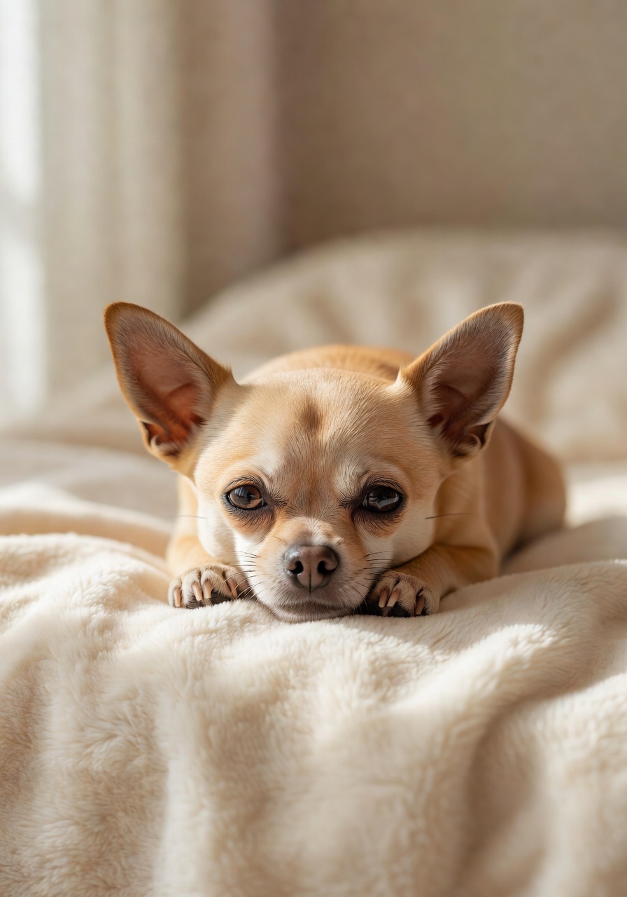 Calm chihuahua resting on a cream blanket, suitable for weekly at-home health monitoring