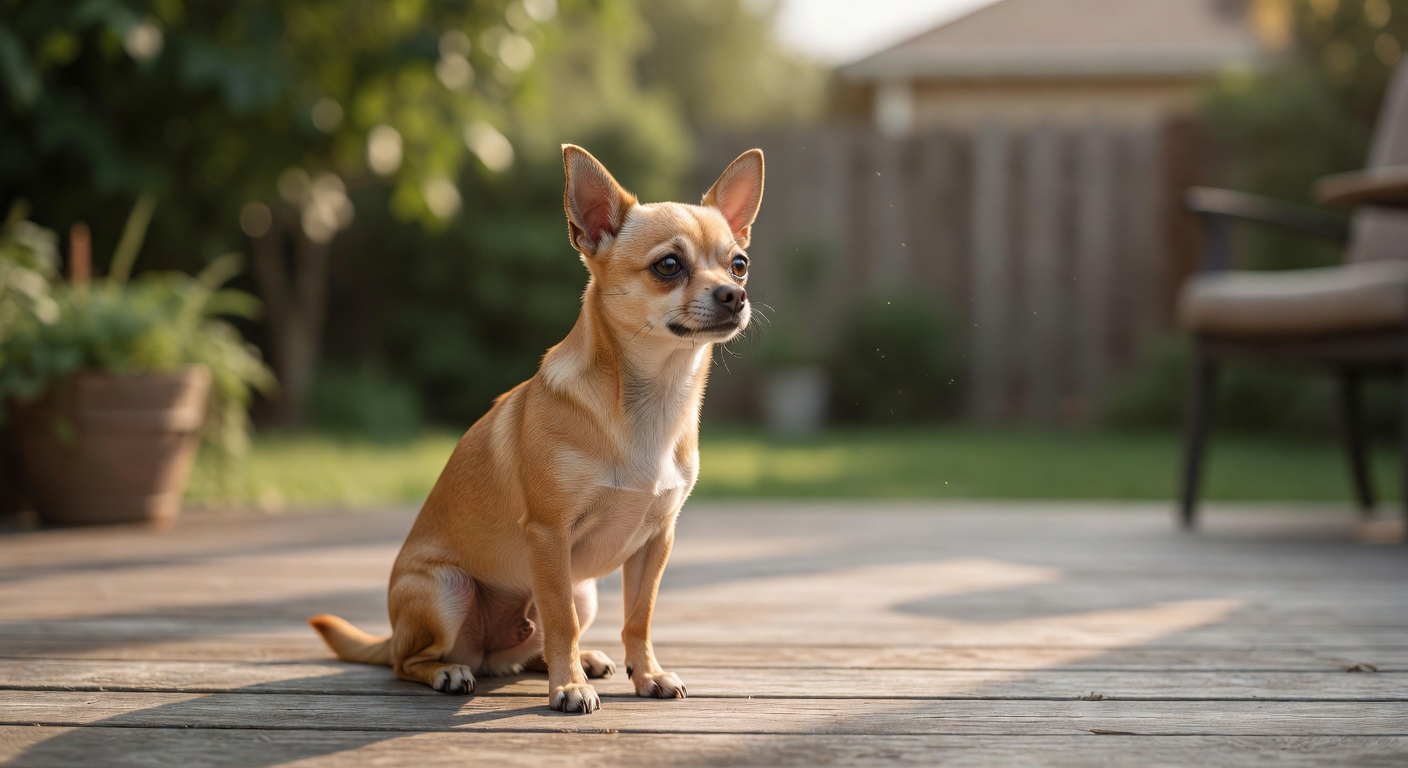 A small tan chihuahua sitting alert on a wooden backyard deck, ears up, watchful