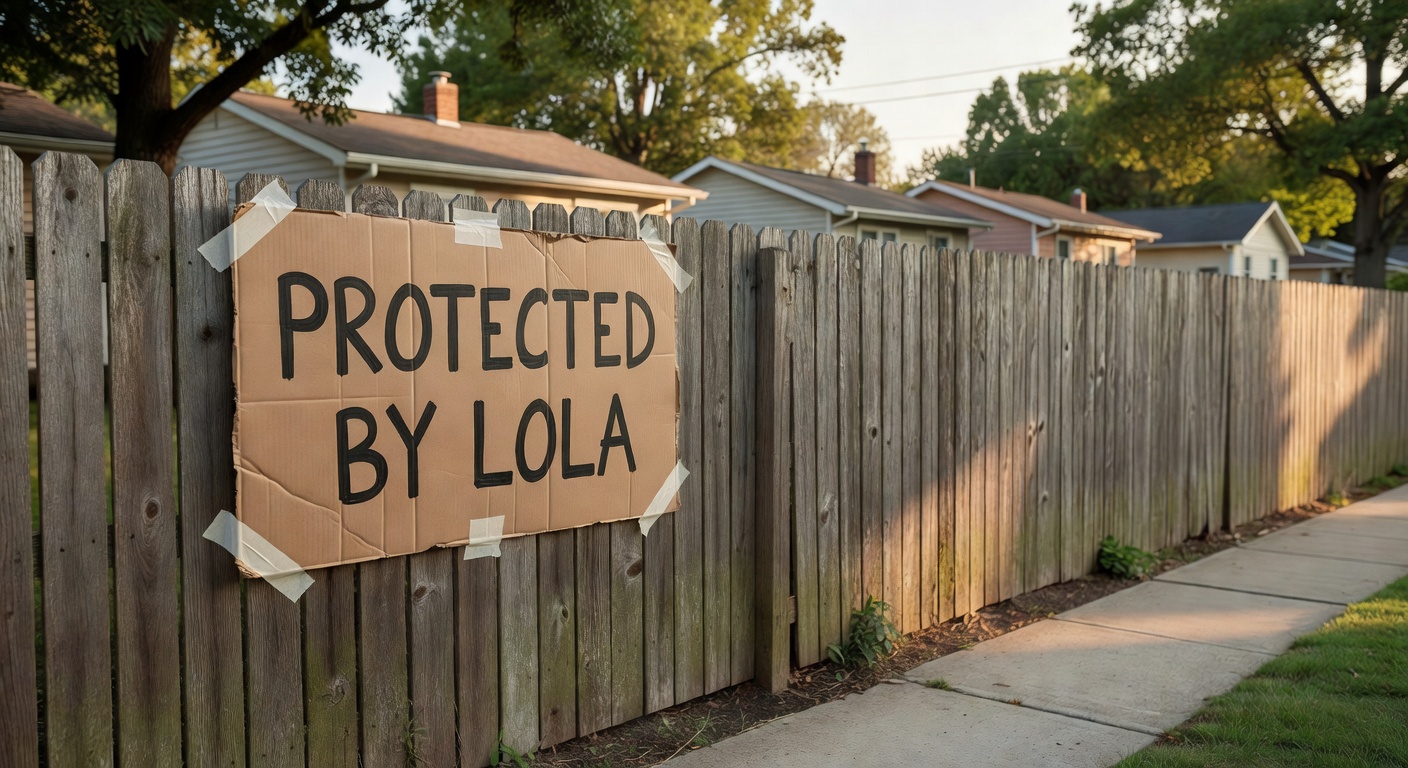 A handwritten cardboard sign reading PROTECTED BY LOLA taped to a residential wooden fence