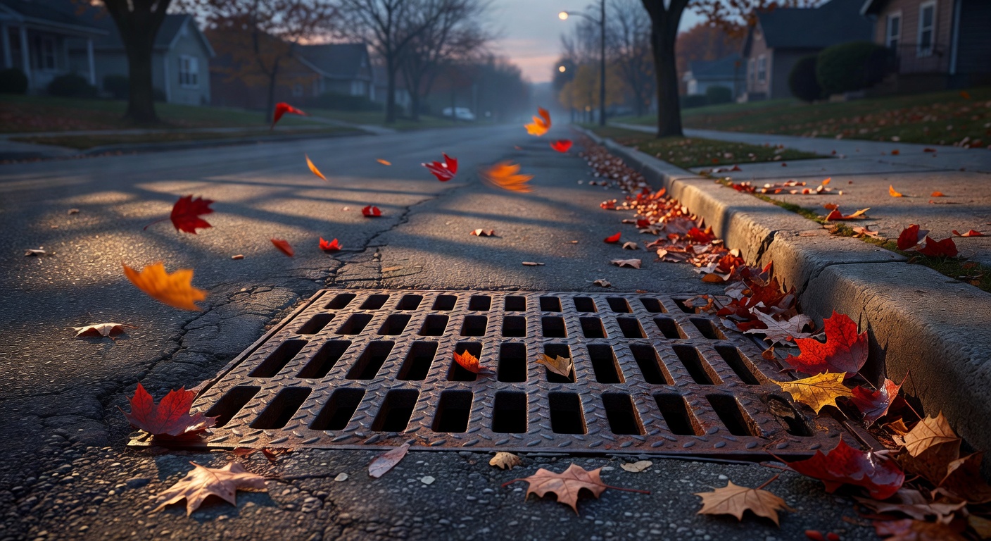 A metal storm drain grate set into a residential asphalt street at dusk, leaves drifting near the curb