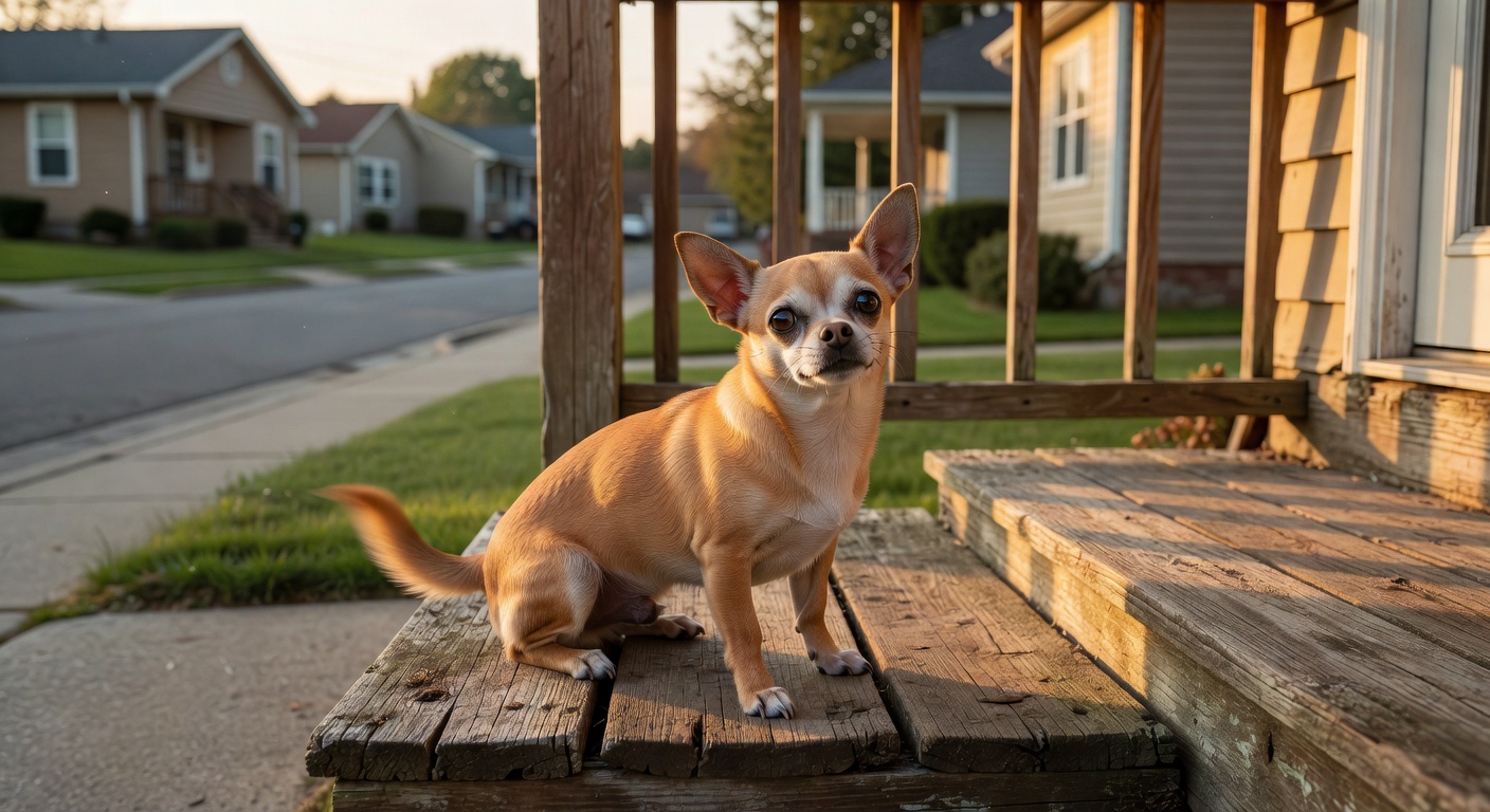 A small tan chihuahua sitting on a wooden front porch step in golden hour light, tail blurred mid-wag
