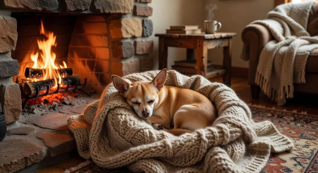 A small chihuahua curled up asleep inside a plush round dog bed under a warm blanket.