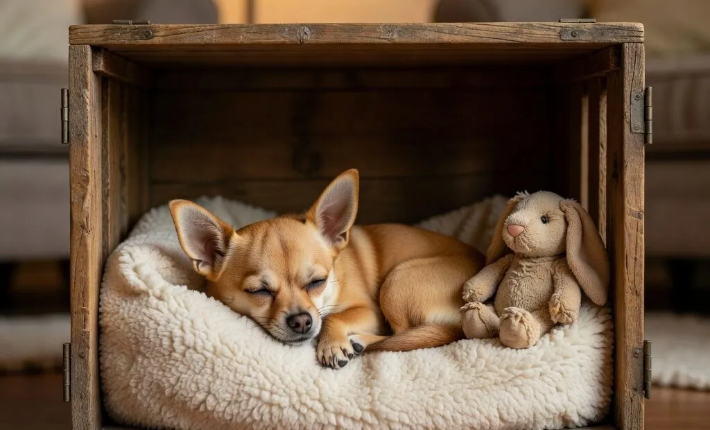 A small chihuahua sitting safely in a secure fenced yard next to a closed door.