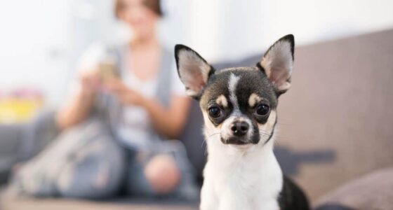 black and white short haired chi in the forefront with woman on couch in blurred background