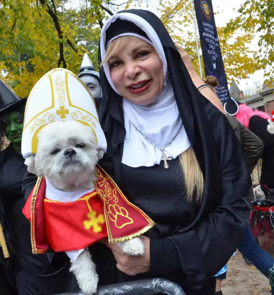 Michelle with her shih tzu Jojo as the pope.