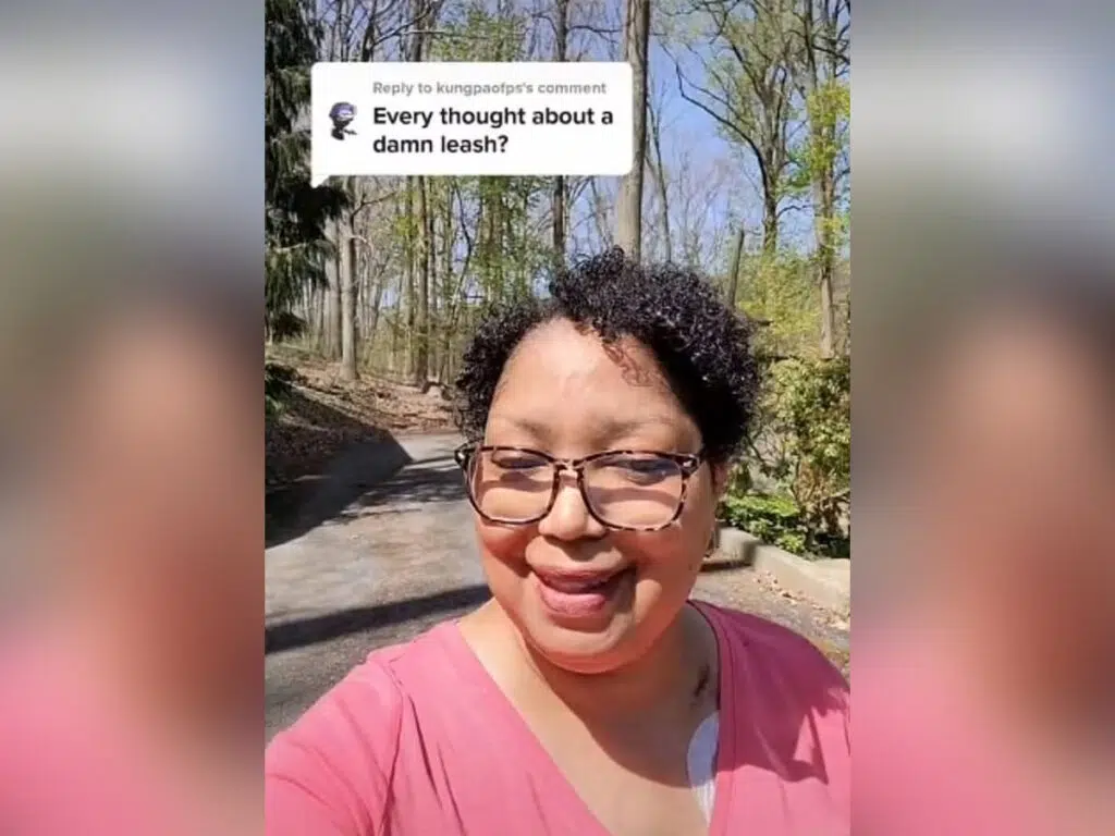 In a follow-up video, Karen showed off her expansive property with 10 acres of woods, saying she likes to let her dog 'walk free.'