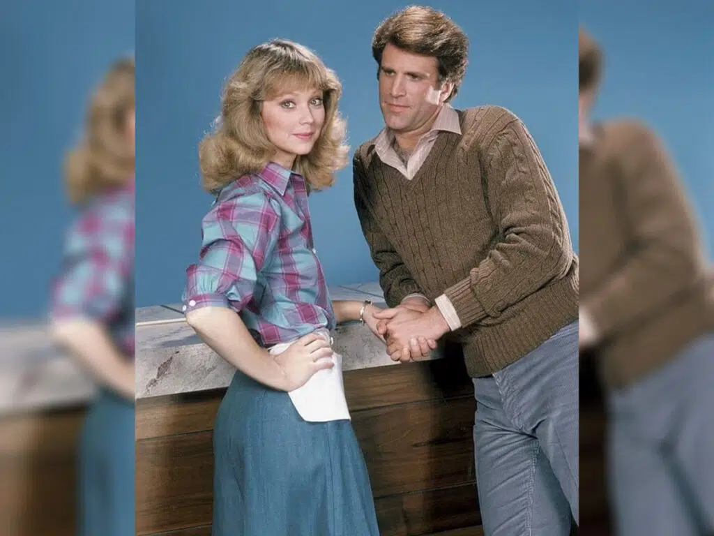 Shelley Long and Ted Danson on the set of Cheers