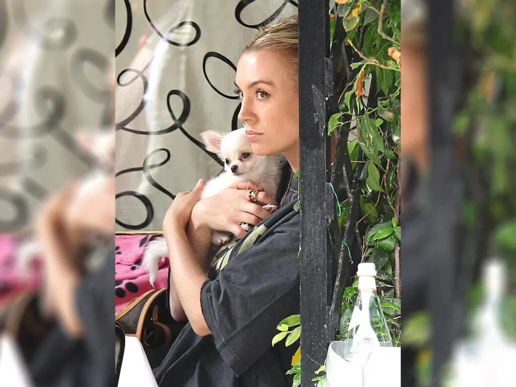 Damien Hirst and his 29-year-old ballerina girlfriend Sophie Cannell holding her Chihuahua at Scott's in Mayfair, London