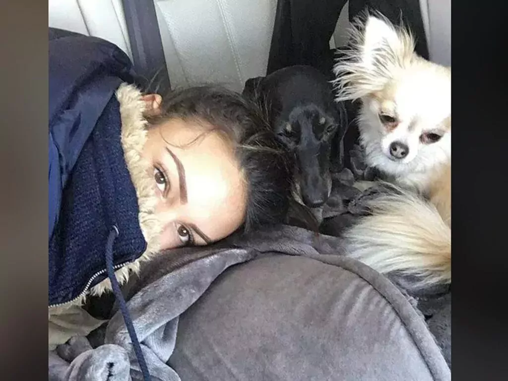 Michelle Keegan, lying down next to her adopted pups