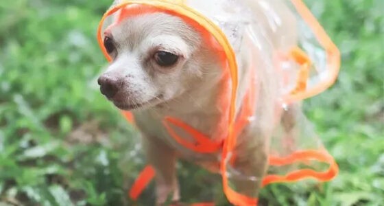 Chihuahua wearing a raincoat. A TikTok video of a dog with a tiny umbrella has gone viral.