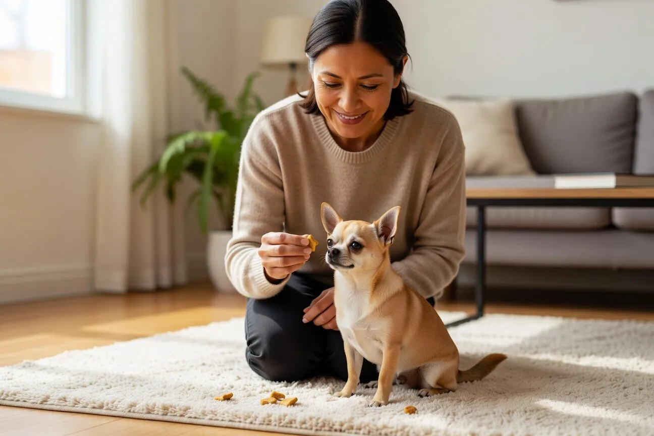 Chihuahua receiving positive reinforcement during a calm interaction with a stranger Chihuahua learning to accept treats from a new person during positive training