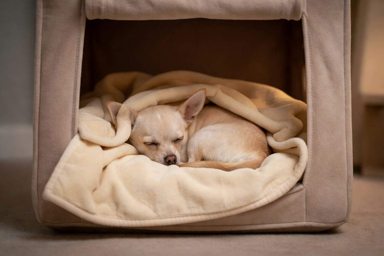 Chihuahua resting in safe crate space