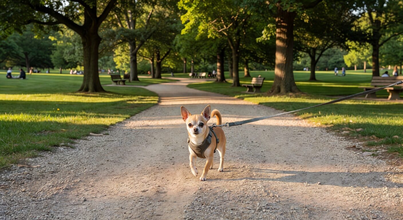 Chihuahua walking on harness in park