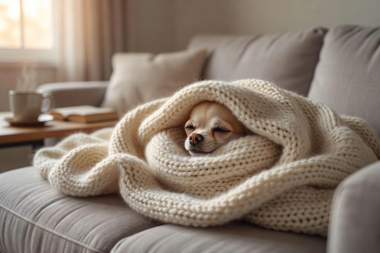 Chihuahua burrowed under blanket
