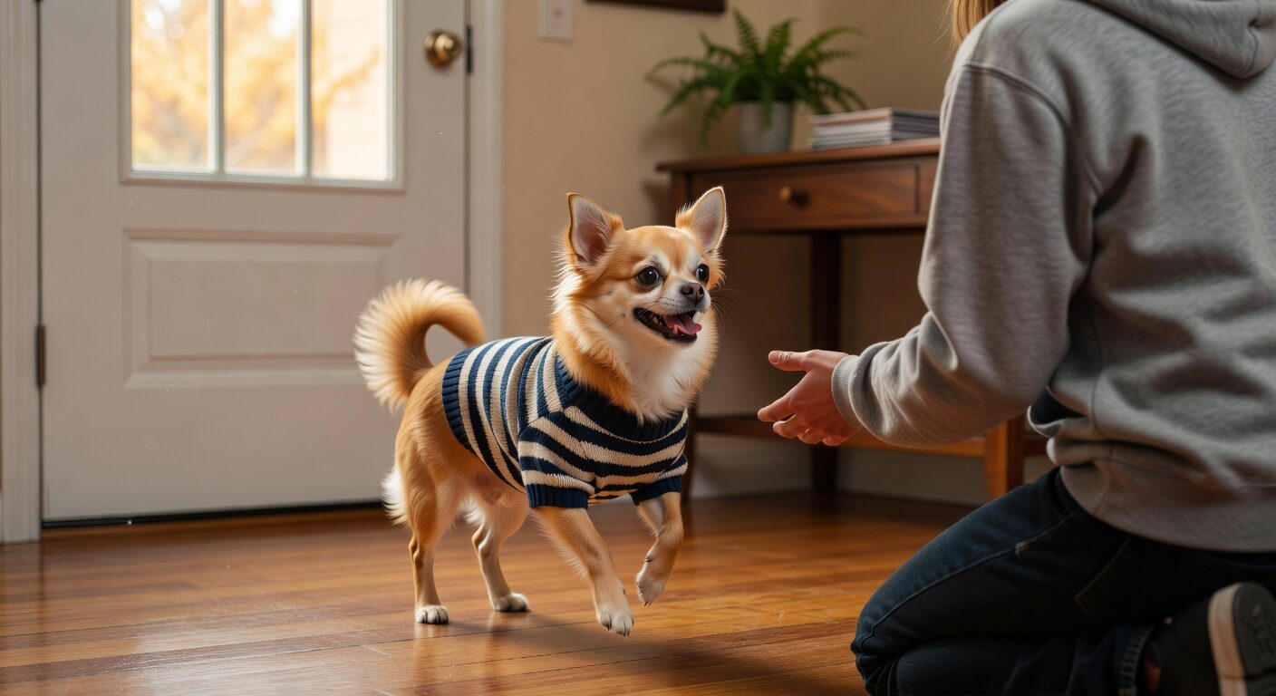 Happy chihuahua greeting owner with full body wiggle