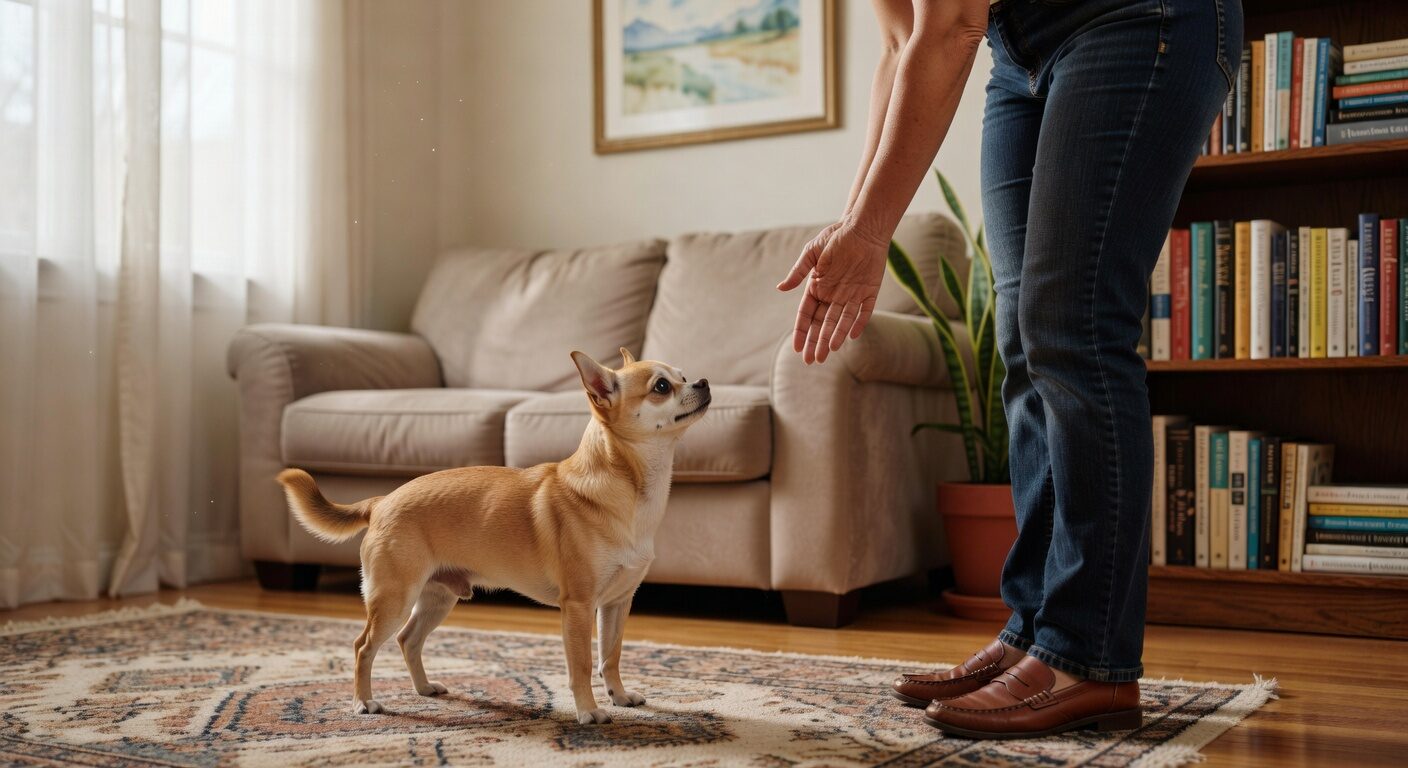 Chihuahua greeting guest calmly