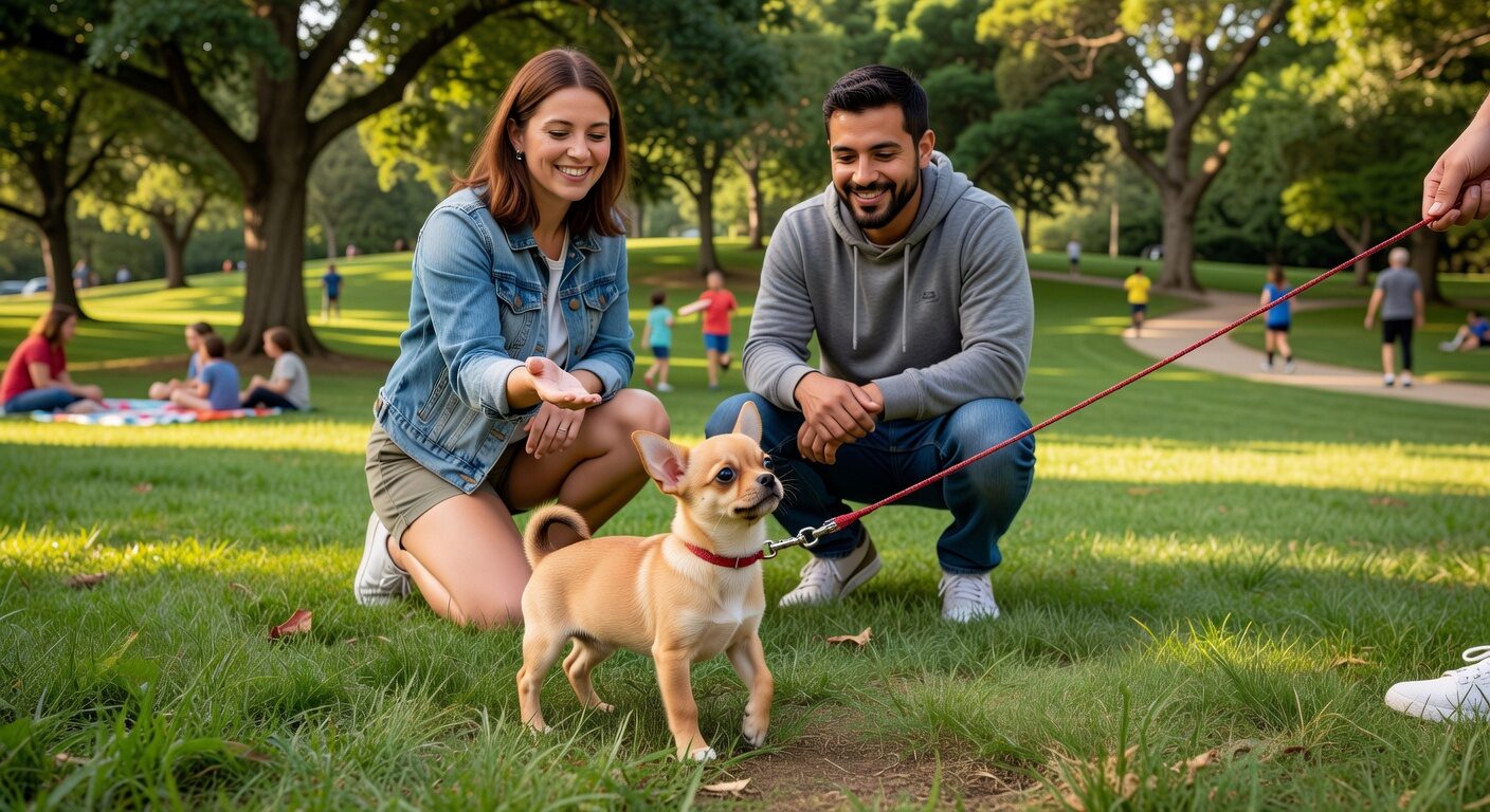 Chihuahua puppy socializing at the park Chihuahua puppy socializing at the park