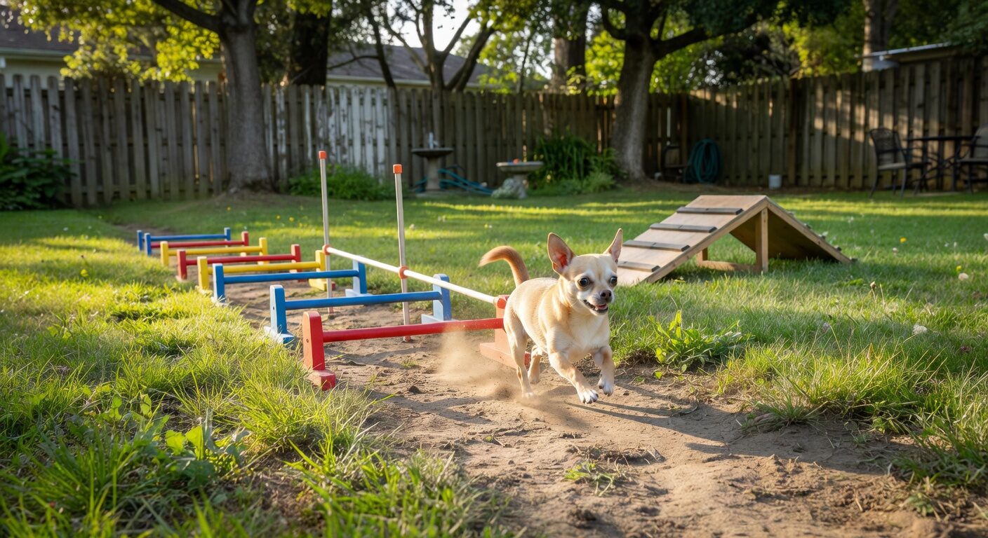 Chihuahua running mini agility course