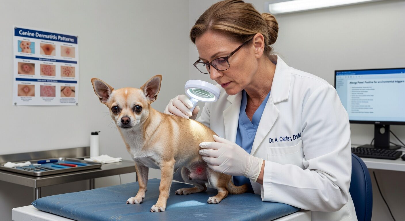 Vet examining chihuahua for allergies
