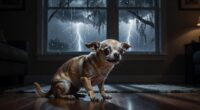 Anxious chihuahua shaking during thunderstorm