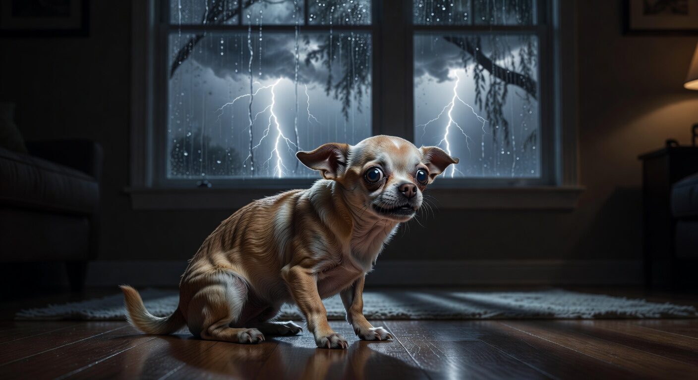 Anxious chihuahua shaking during thunderstorm