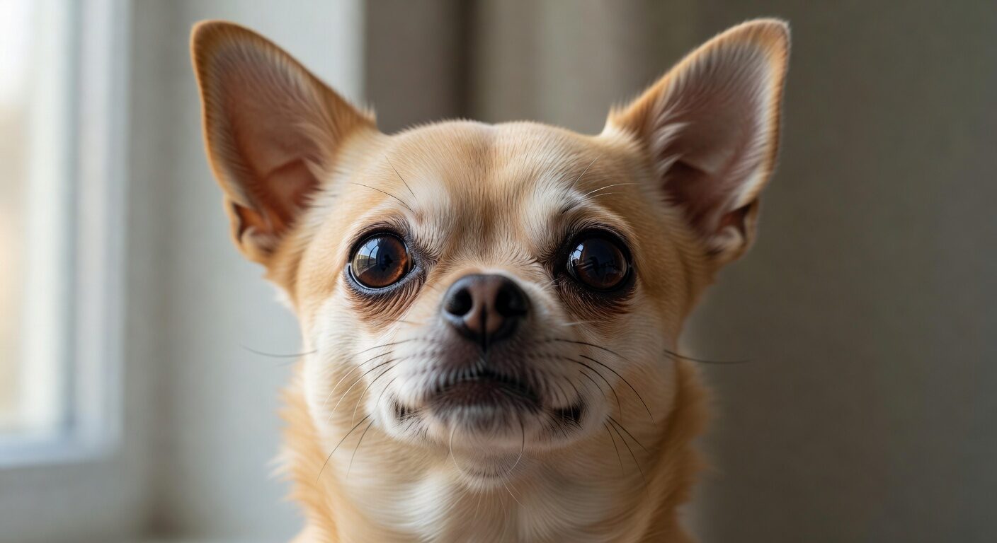 Close-up of chihuahua face showing apple head shape and expressive eyes