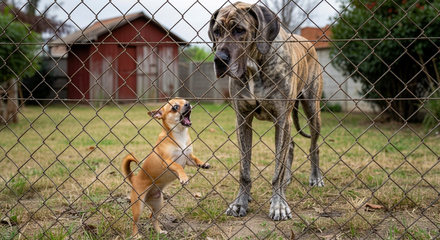 Chihuahua barking at larger dog