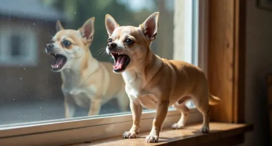 Chihuahua barking at the window at something outside