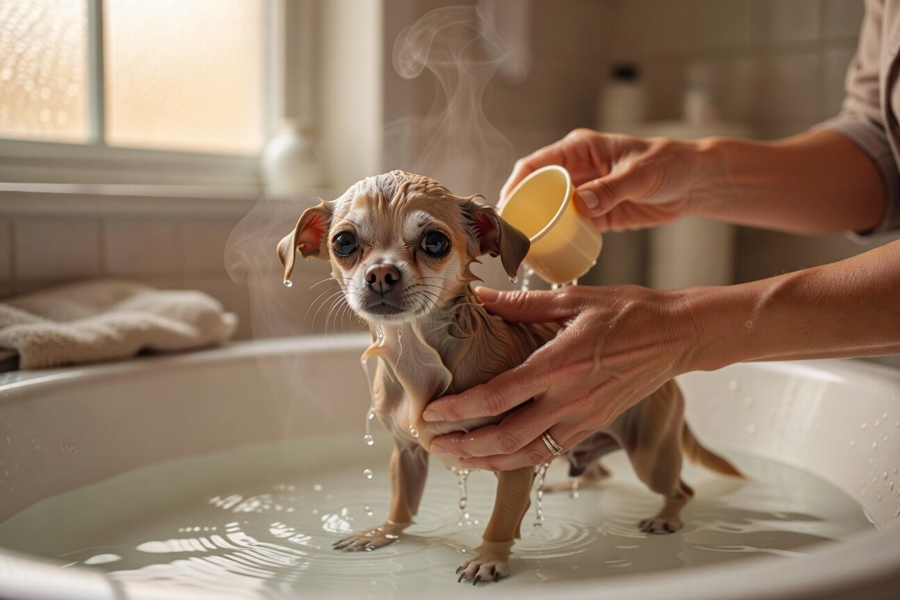 Chihuahua being bathed during grooming
