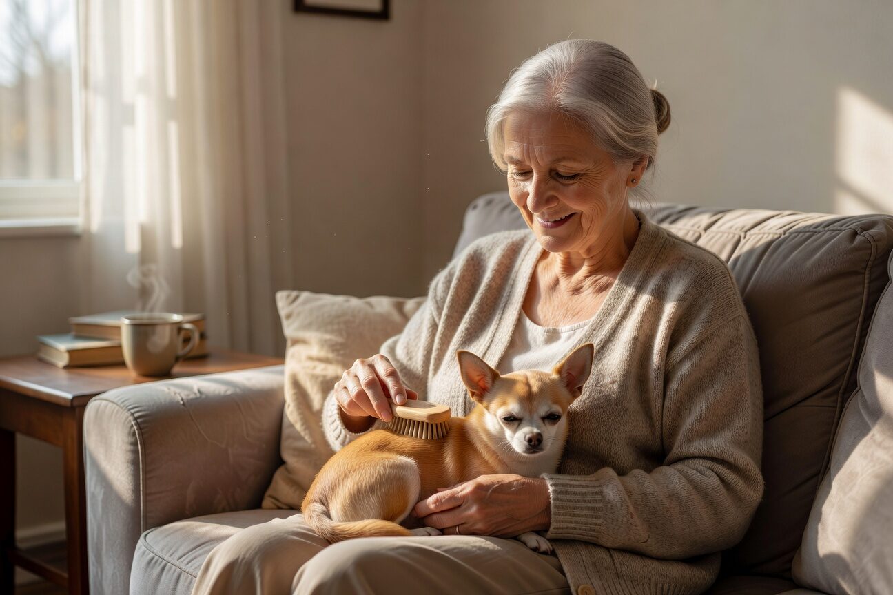 Owner gently brushing chihuahua