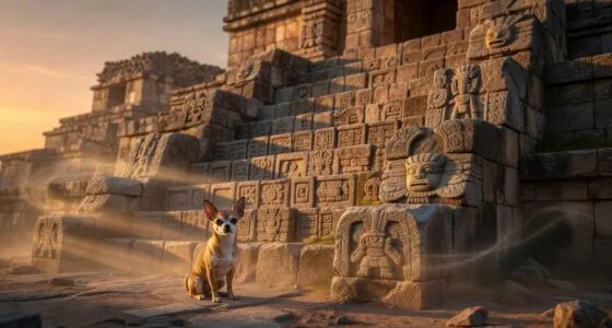 Chihuahua sitting near ancient Mexican temple ruins