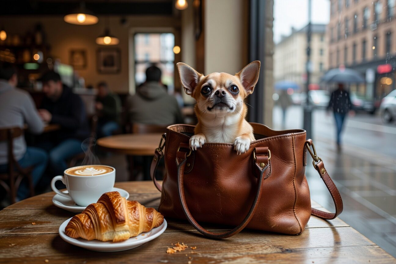 Chihuahua peeking from purse at cafe