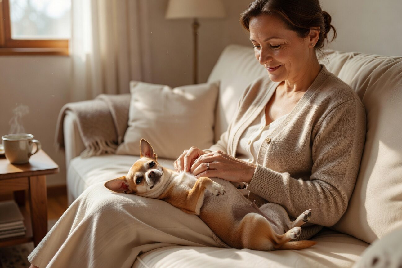 Owner calming stressed chihuahua with massage