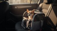 Chihuahua in travel carrier on car back seat