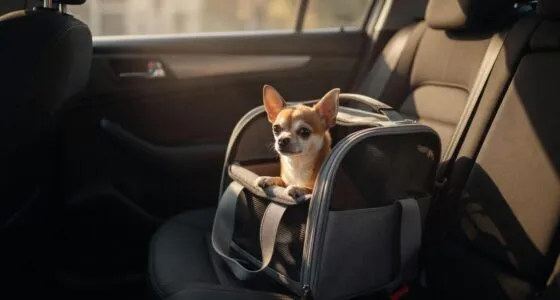 Chihuahua in travel carrier on car back seat
