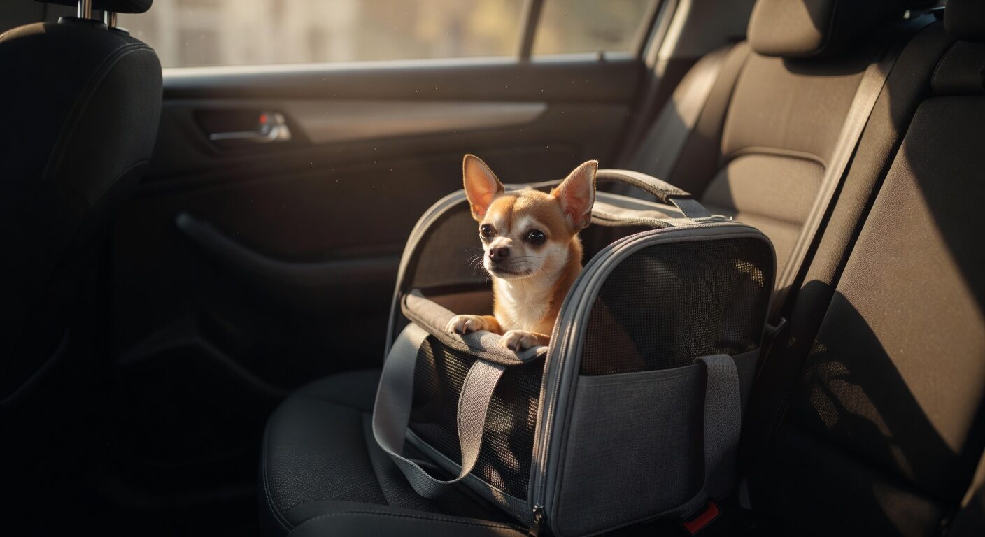 Chihuahua in travel carrier on car back seat