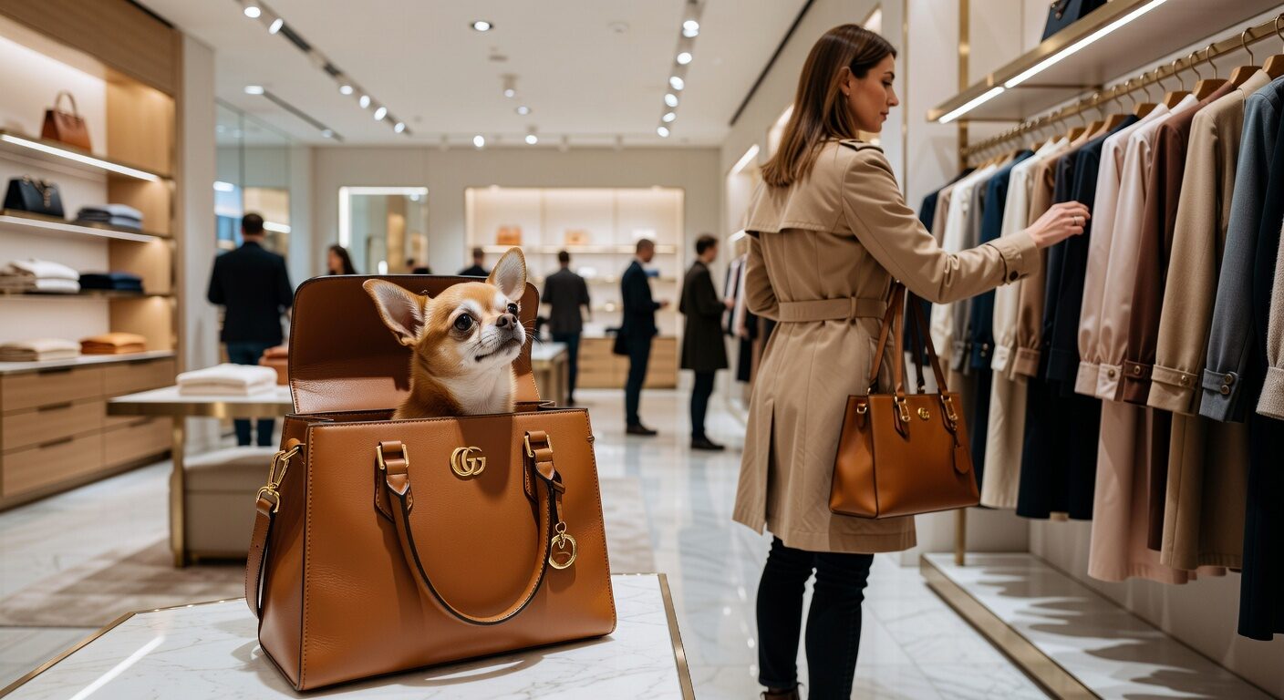 Chihuahua peeking out of purse while shopping Chihuahua peeking out of purse while shopping
