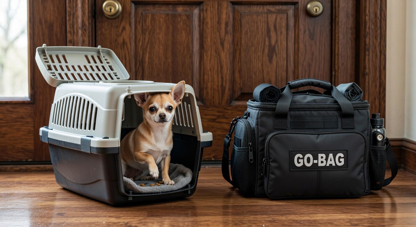 Chihuahua in carrier with evacuation bag ready