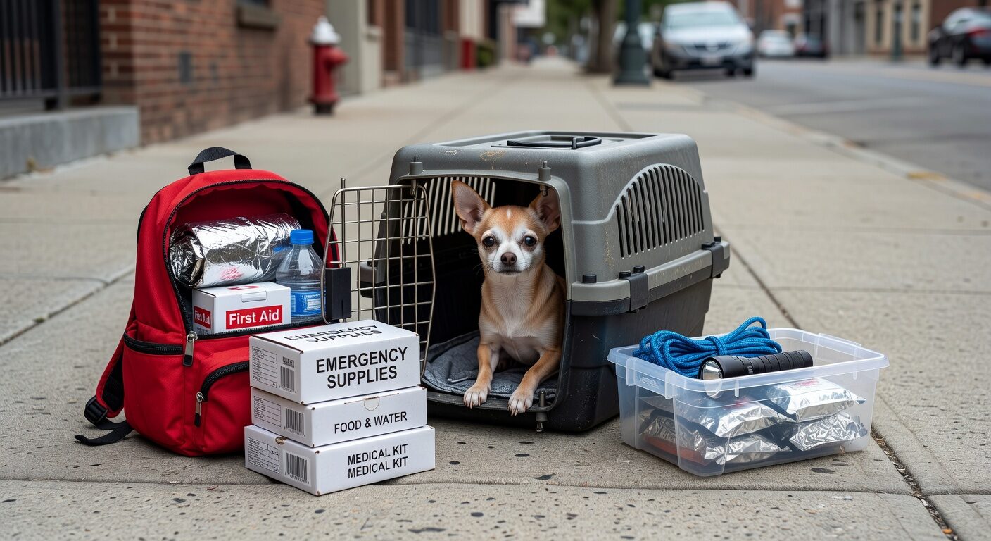 Chihuahua in carrier ready for evacuation