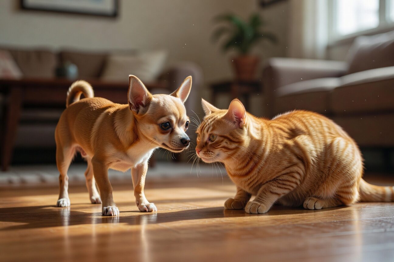 Chihuahua meeting cat for first time