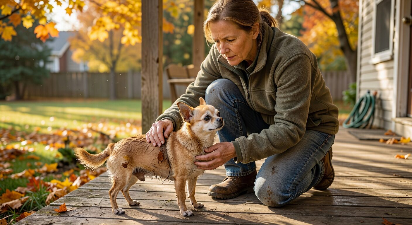 Owner checking chihuahua fur after walk