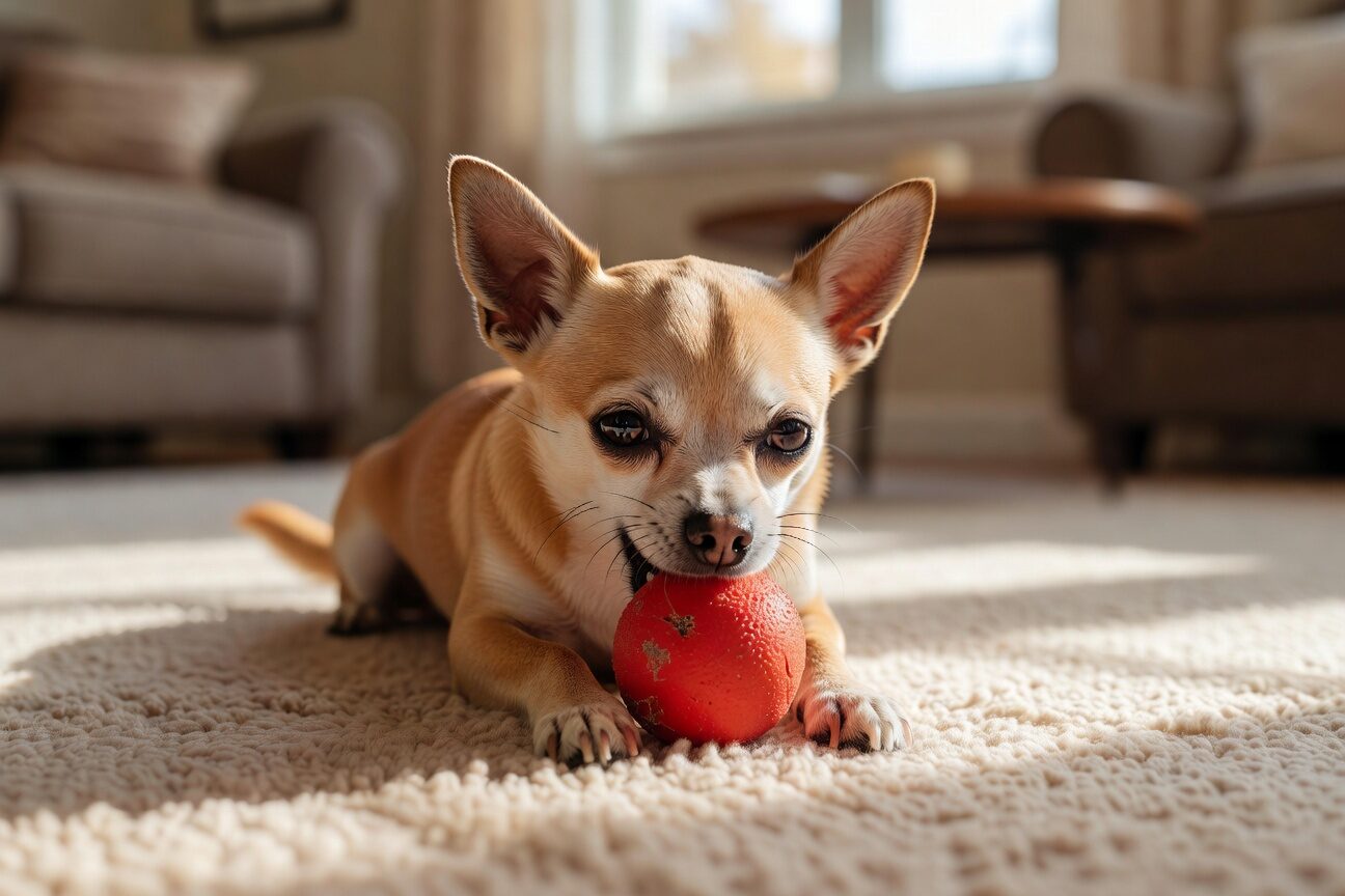 Chihuahua chewing on small safe toy
