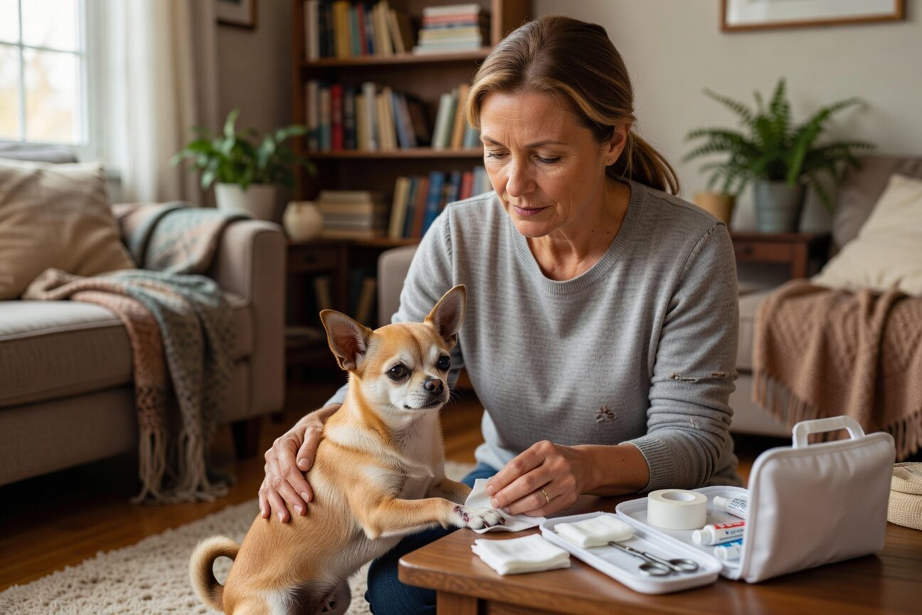 Owner helping chihuahua during emergency