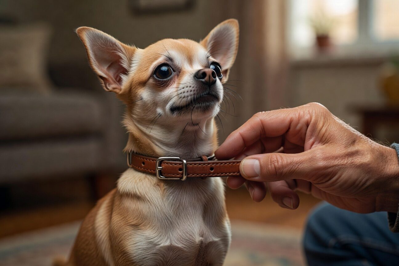 Owner checking proper collar fit on chihuahua