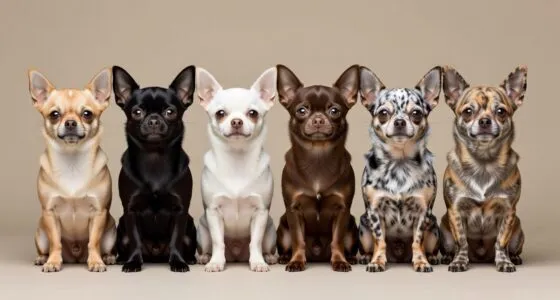 Group of chihuahuas showing different coat colors and patterns
