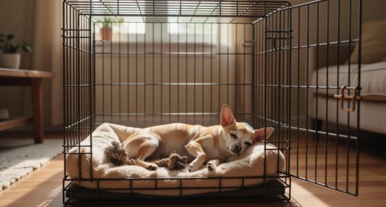 Chihuahua resting comfortably inside an open dog crate