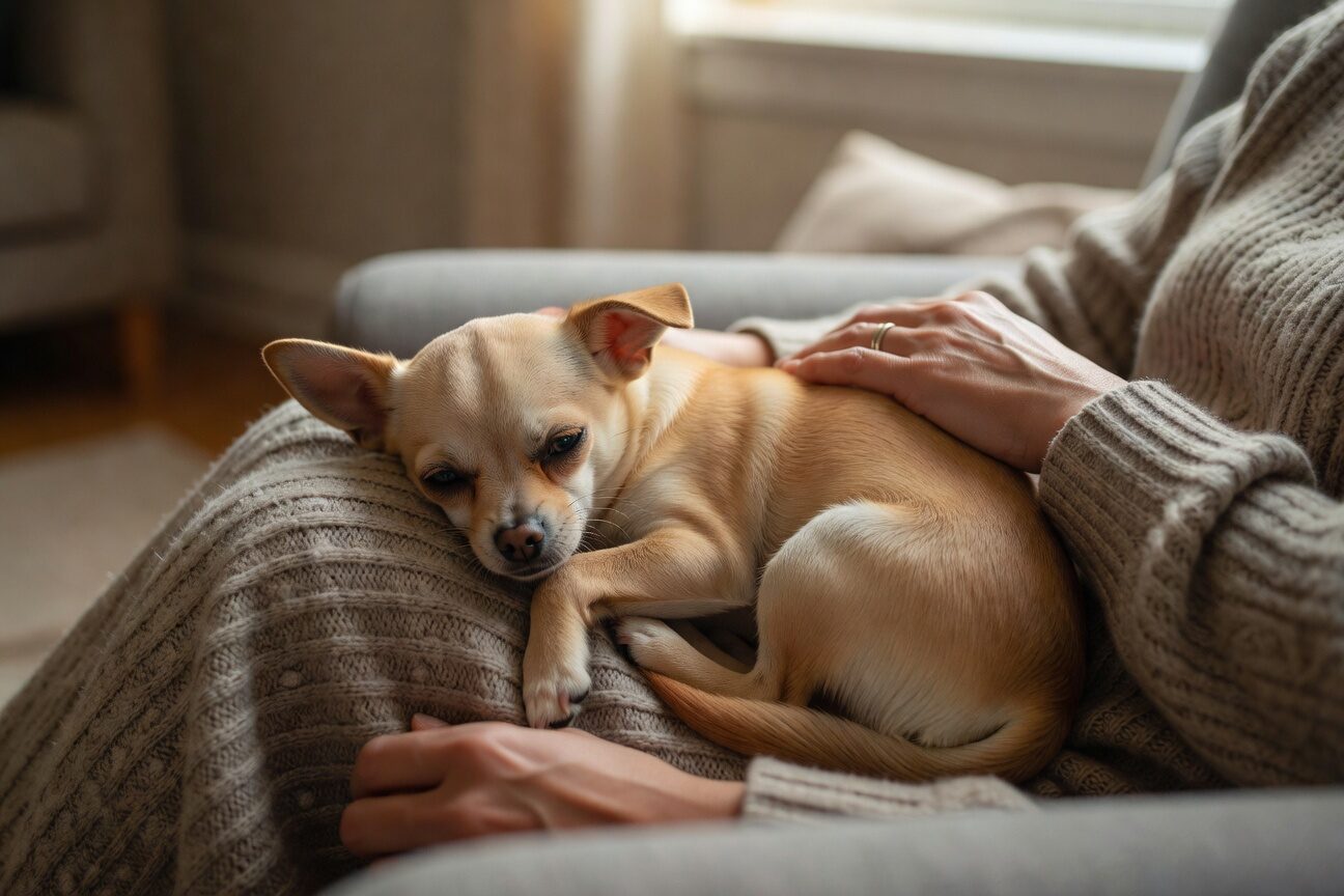 Chihuahua cuddling owner