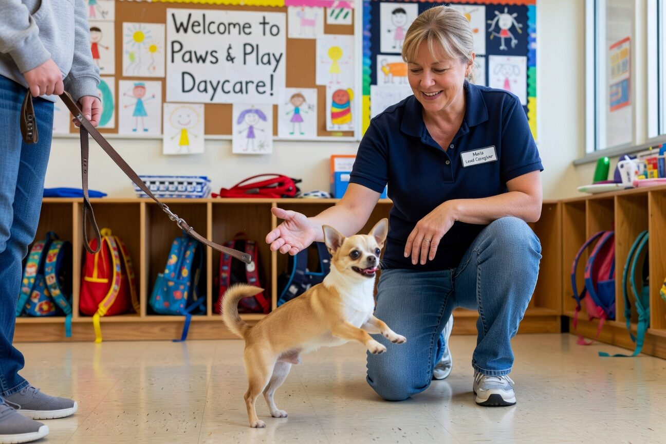 Chihuahua greeting daycare staff