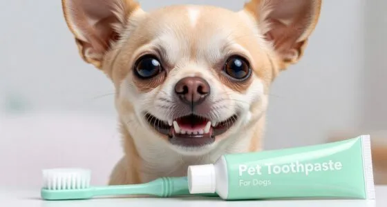 Chihuahua showing teeth with dog toothbrush nearby